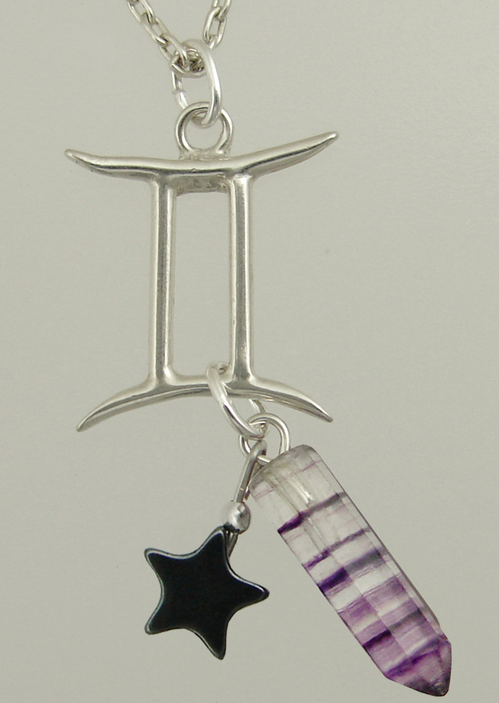 Sterling Silver Gemini Pendant Necklace With an Fluorite Crystal And a Black Onyx Star
